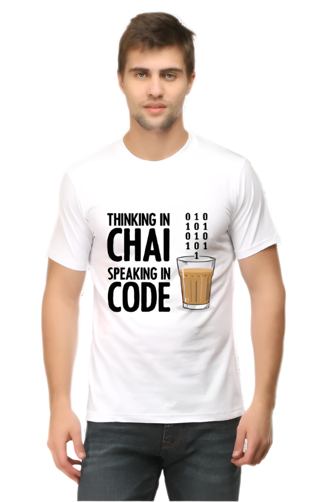 Thinking in Chai Speaking in Code Men’s Classic White Crew Neck T-Shirt – Cotton Tee for Coders and Chai Lovers by TEEior

