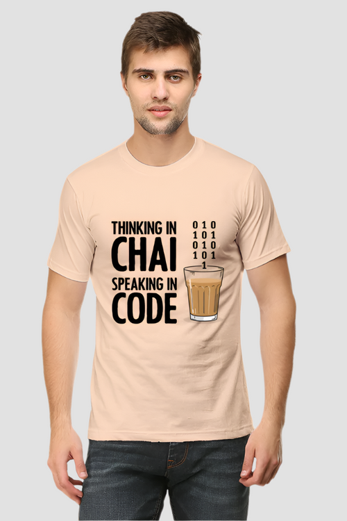 Thinking in Chai Speaking in Code Men’s Classic White Crew Neck T-Shirt – Cotton Tee for Coders and Chai Lovers by TEEior